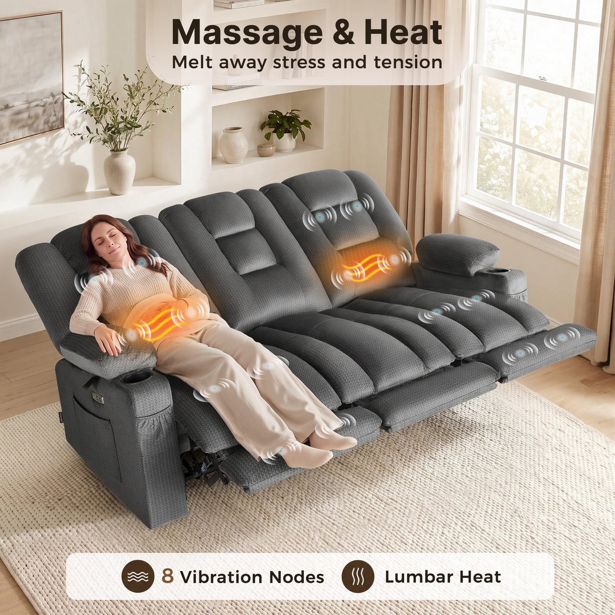 82 in 3 Seater Reclining Sofa with Heat and Massage PR648M3