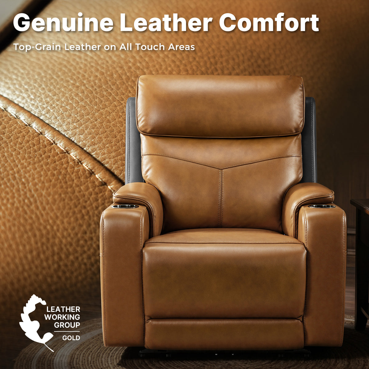 Genuine Leather Zero-Wall Power Recliner with Adjustable Headrest, Cup Holders GL58