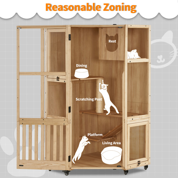 MCombo Large Corner Cat House Villa, Wooden Indoor Cat Enclosure with Scratching Post, Multi-Feature Enclosed Cat Cages with Escape Doors, Wood Cat Condo with Wheels CT96