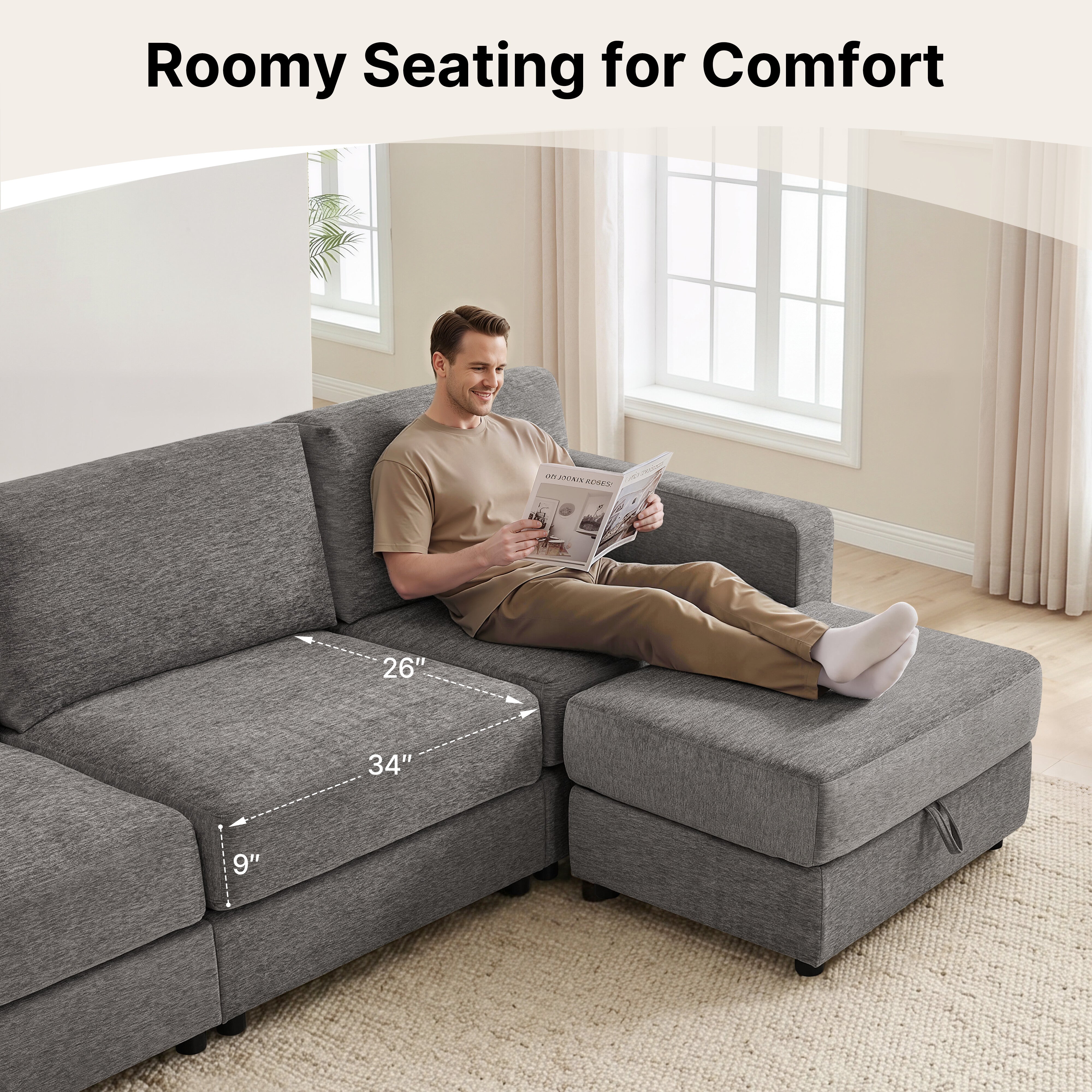 Oversized Sectional Sofa with 26" Deep Seat, Storage Ottoman, Pet-Friendly Fabric S6366