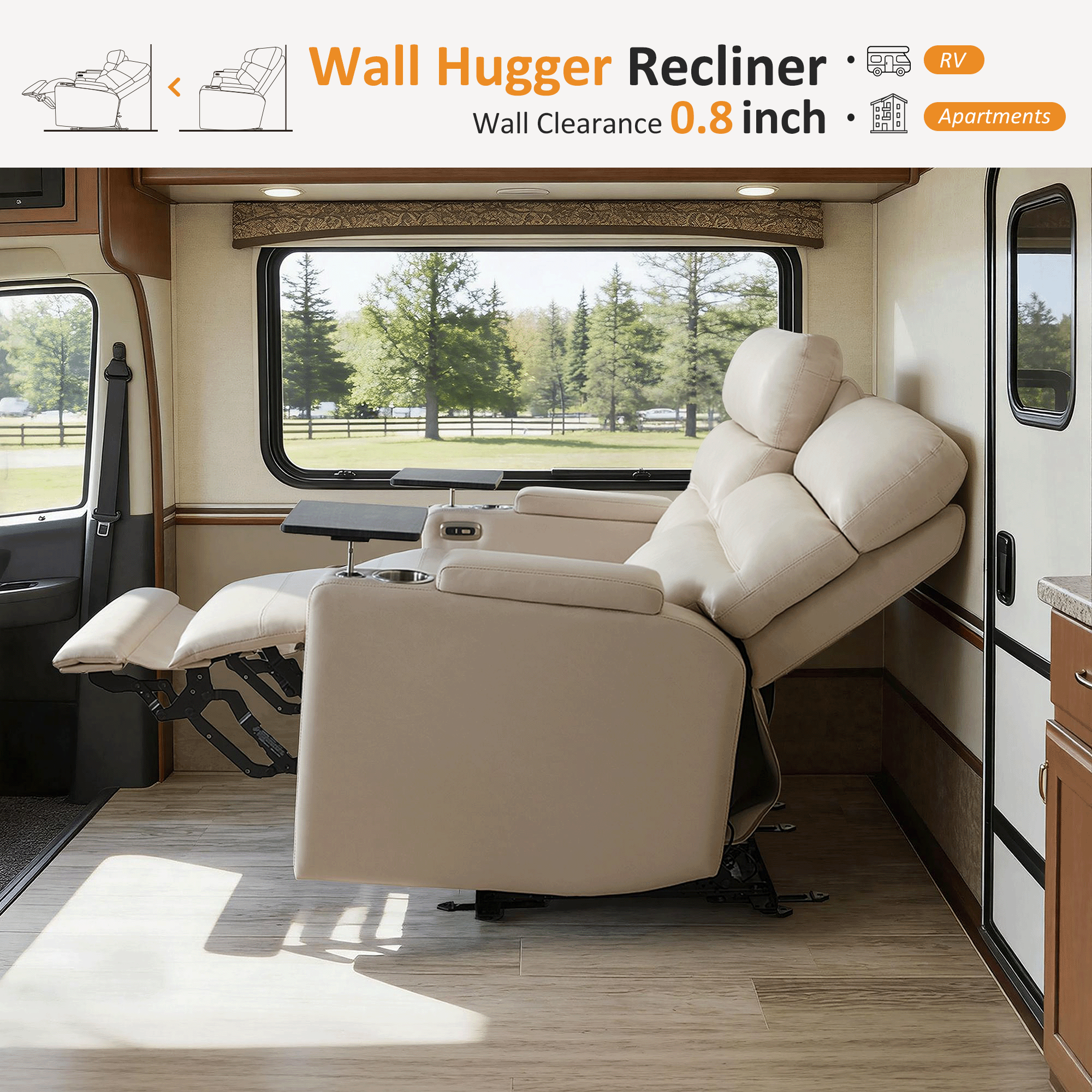 Wall Hugger Power Reclining Loveseat with Console and Outlets for Small Spaces, RV Loveseat Sofa with Armrest Storage, 360° Swivel Tray Table, USB & Type C Ports RV01|RV02
