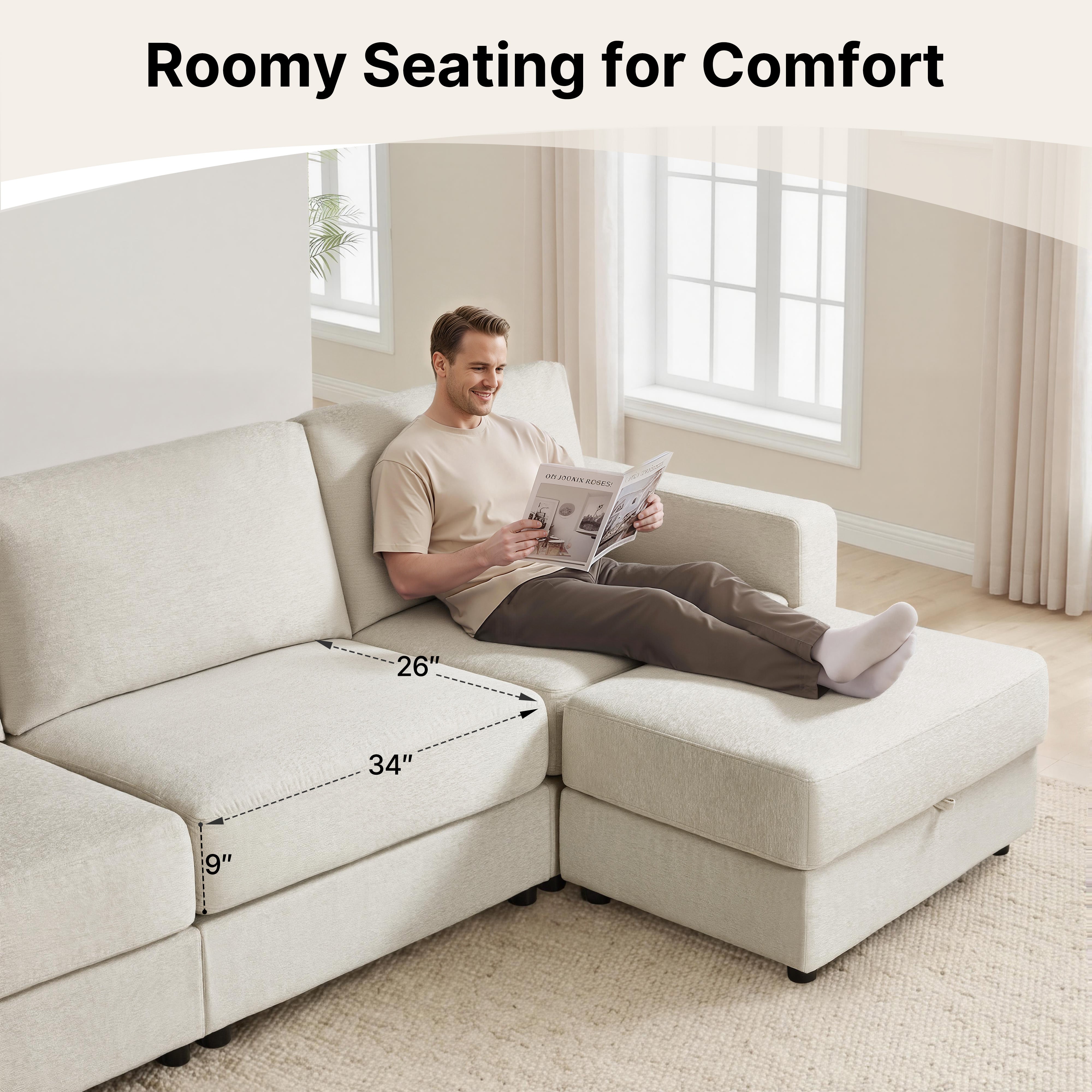 Oversized Sectional Sofa with 26" Deep Seat, Storage Ottoman, Pet-Friendly Fabric S6366