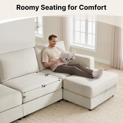 Oversized Sectional Sofa with 26" Deep Seat, Storage Ottoman, Pet-Friendly Fabric S6366