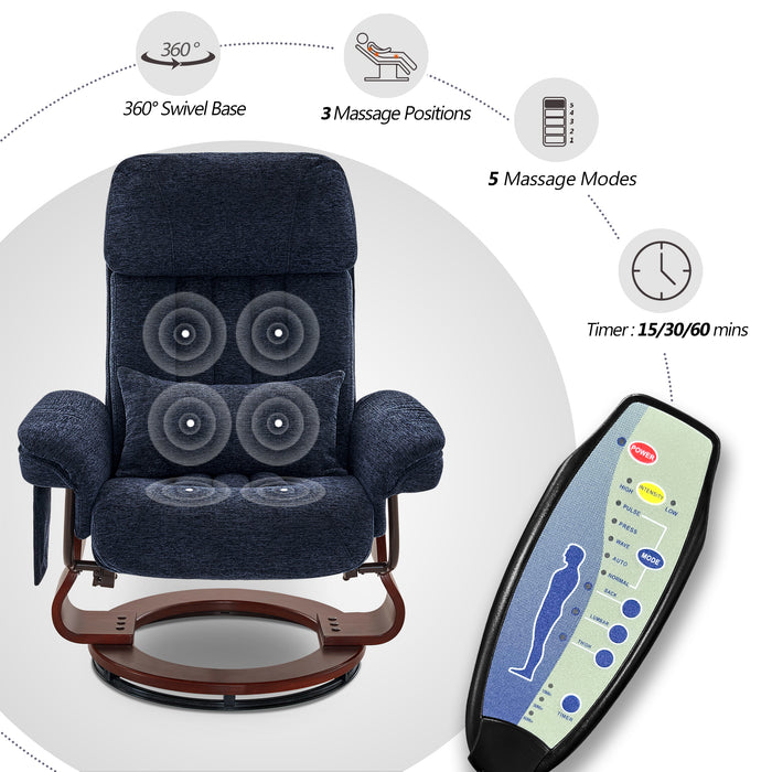 MCombo Swivel Recliner and Ottoman, Multi-Position Leisure Office Chair with Vibration Massage, Chenille Fabric Ergonomic Lounge Armchair for Home Living Room 4687