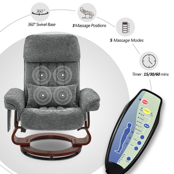 MCombo Swivel Recliner and Ottoman, Multi-Position Leisure Office Chair with Vibration Massage, Chenille Fabric Ergonomic Lounge Armchair for Home Living Room 4687