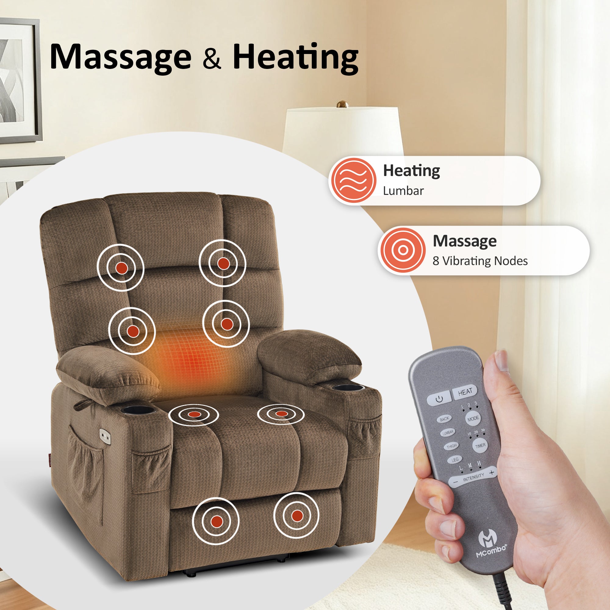 Power Lift Recliner Chair, Dual Motor, Massage and Heat, Fabric 7680|7679|R7688|R7677