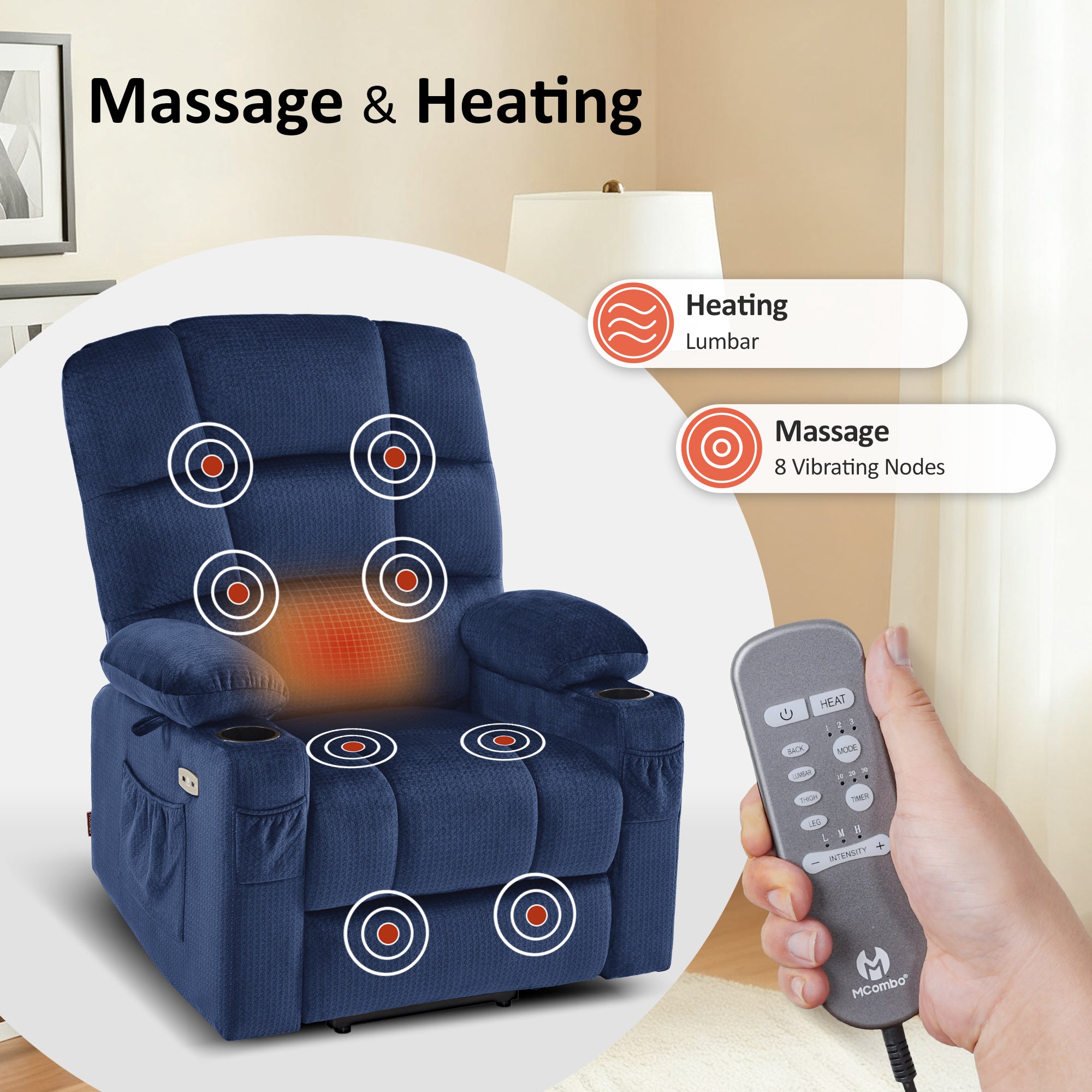 Power Lift Recliner Chair for Elderly, Dual Motor, Massage and Heat, Fabric 7680|7679|R7688|R7677