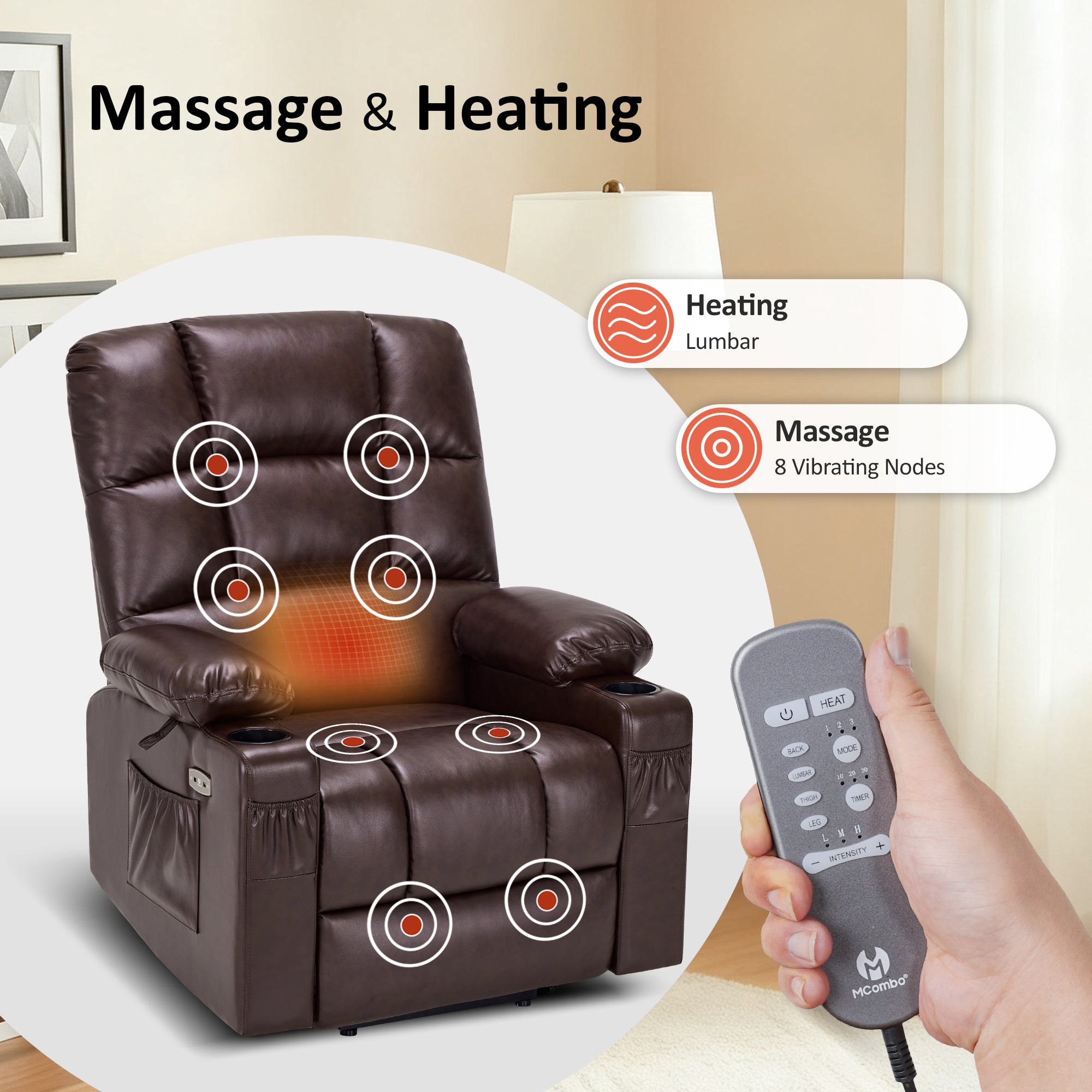 Power Lift Recliner Chair for Elderly, Dual Motor, Massage and Heat, Faux Leather 7680|7679|R7688|R7677