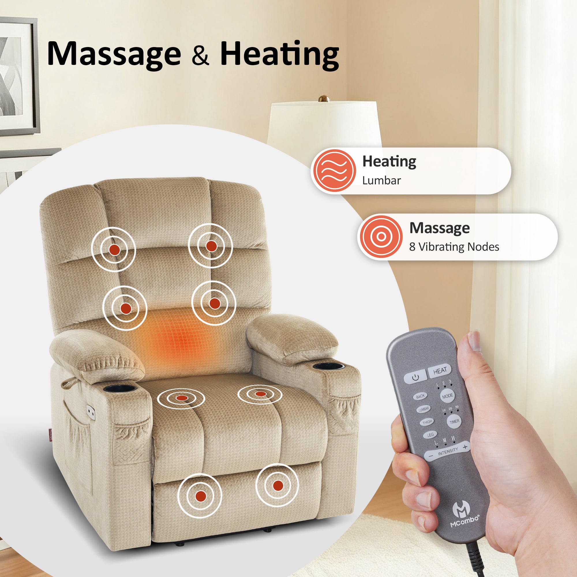 Power Lift Recliner Chair, Dual Motor, Massage and Heat, Fabric 7680|7679|R7688|R7677