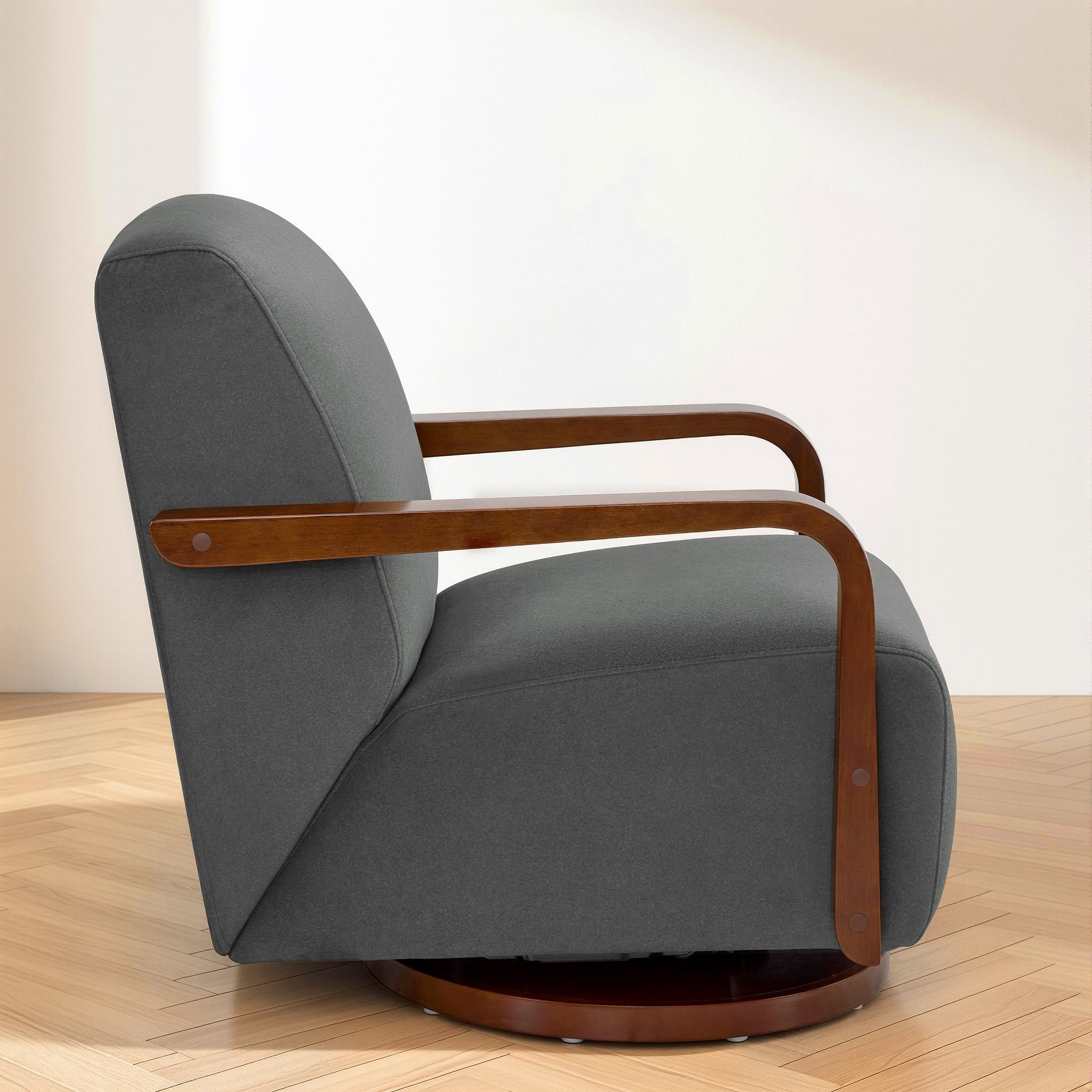 Swivel Glider Accent Chair, Wood Arm, Pet-Friendly Fabric, Classic Style for Living Room & Bedroom