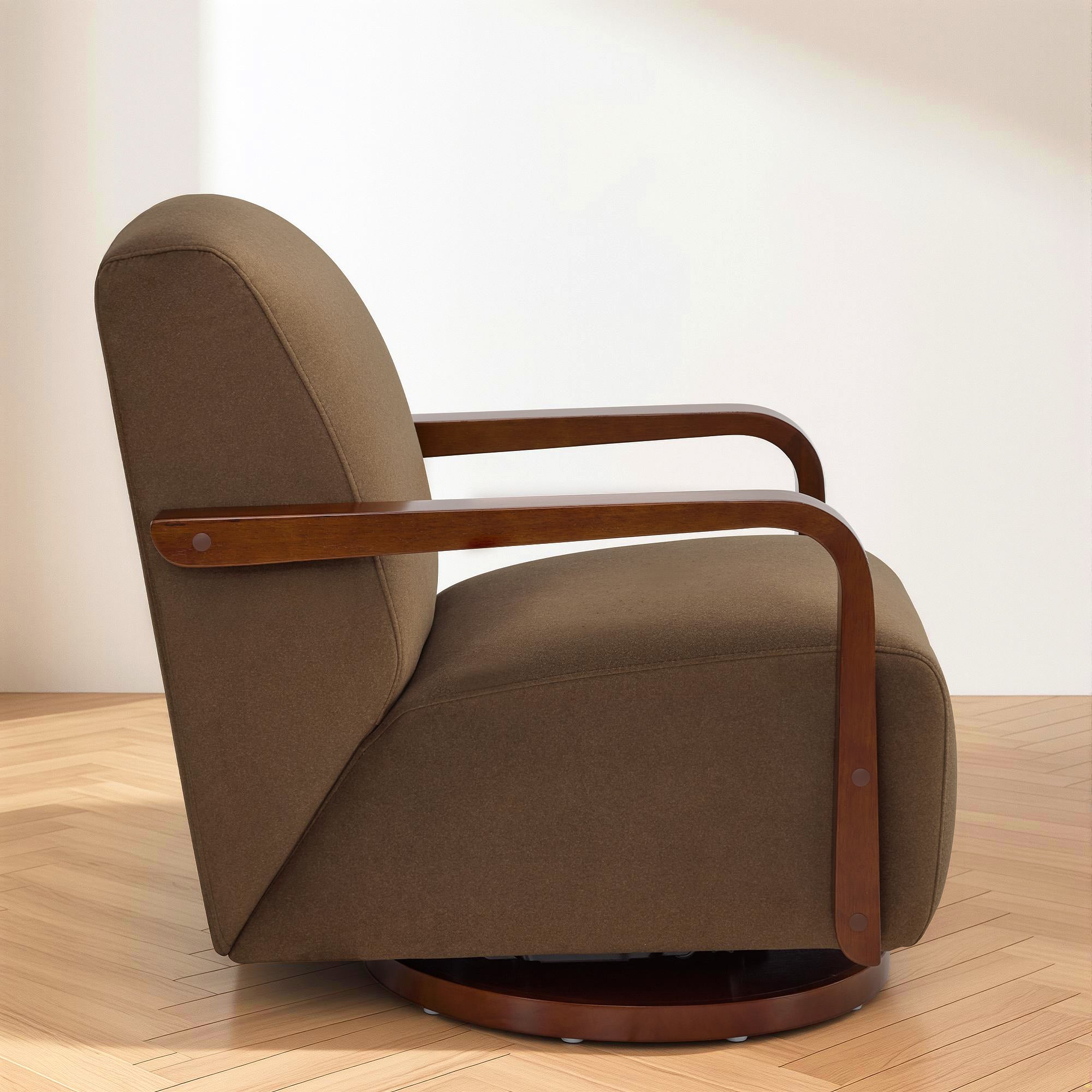 Swivel Glider Accent Chair, Wood Arm, Pet-Friendly Fabric, Classic Style for Living Room & Bedroom