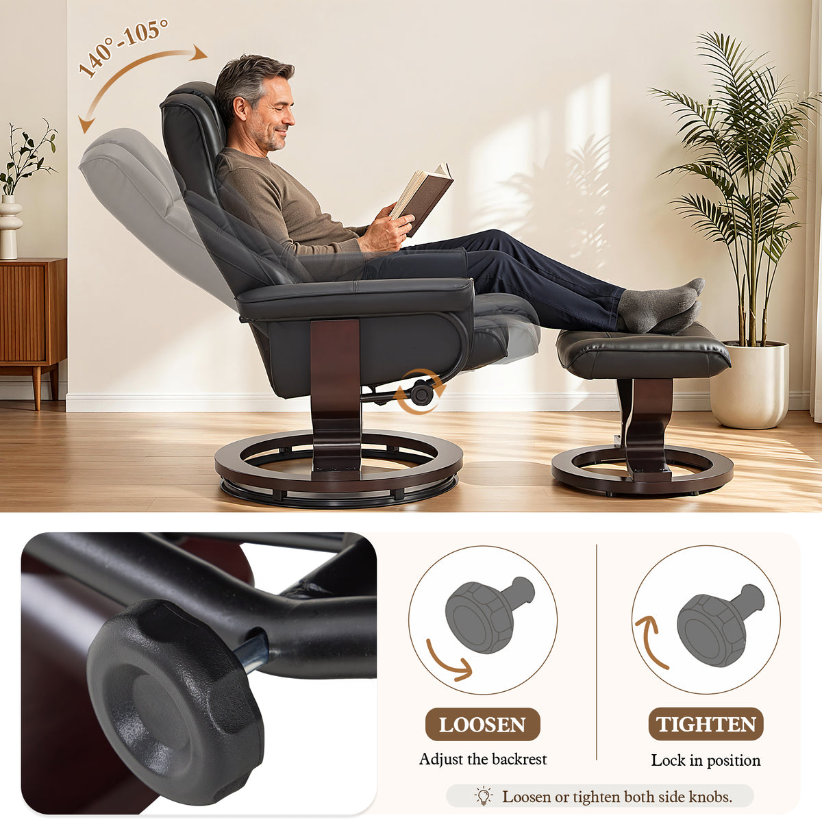 Swivel Recliner with Ottoman, Faux Leather 9019