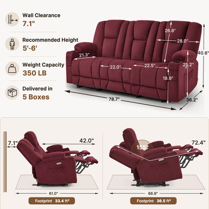 81 in 3 Seater Reclining Sofa with Heat and  Massage 6034M3