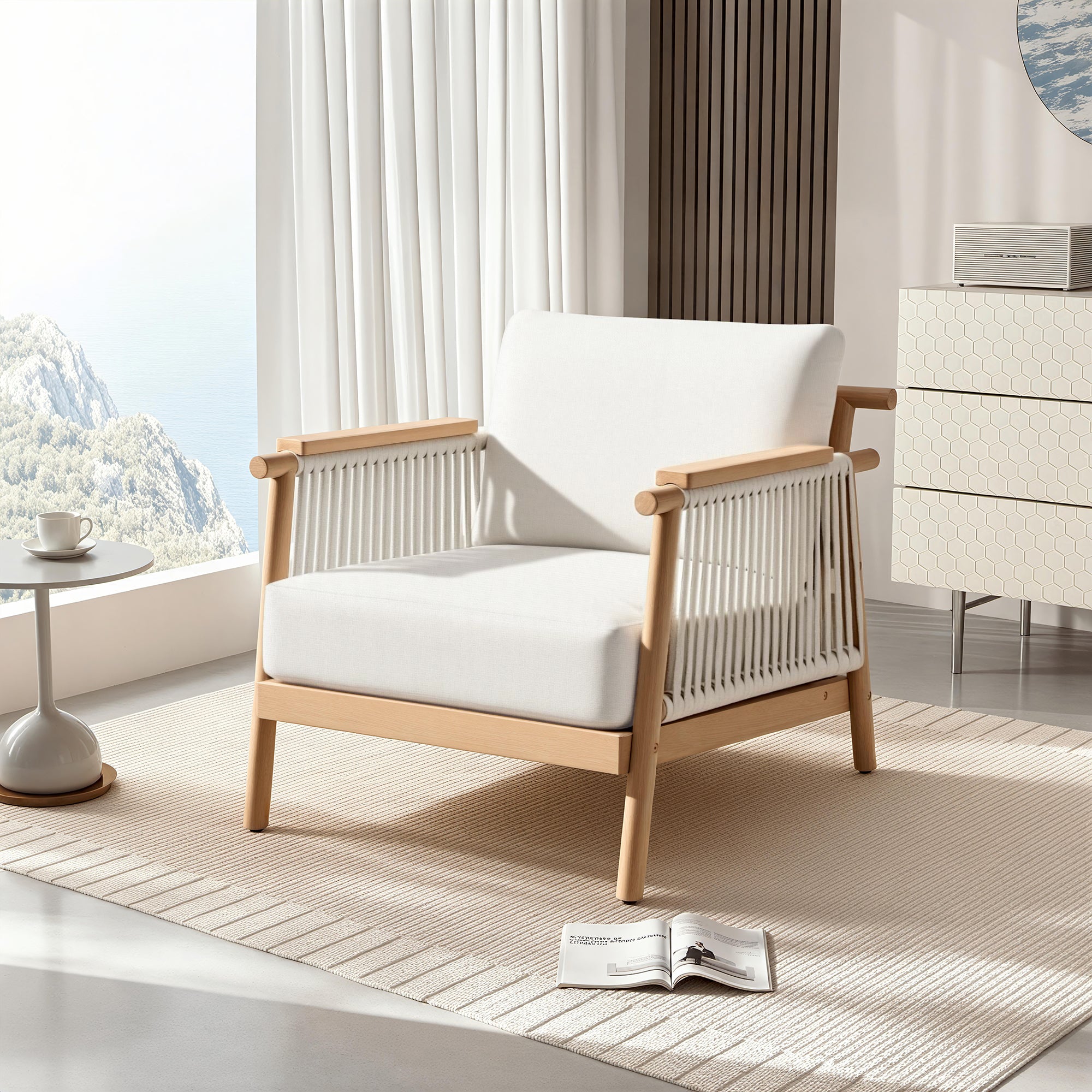 Patio Rattan Chair, Outdoor Wicker Furniture with 7.9″ Thickened Cushions and Acacia Wood Frame for Backyard, Deck, Indoor OF105