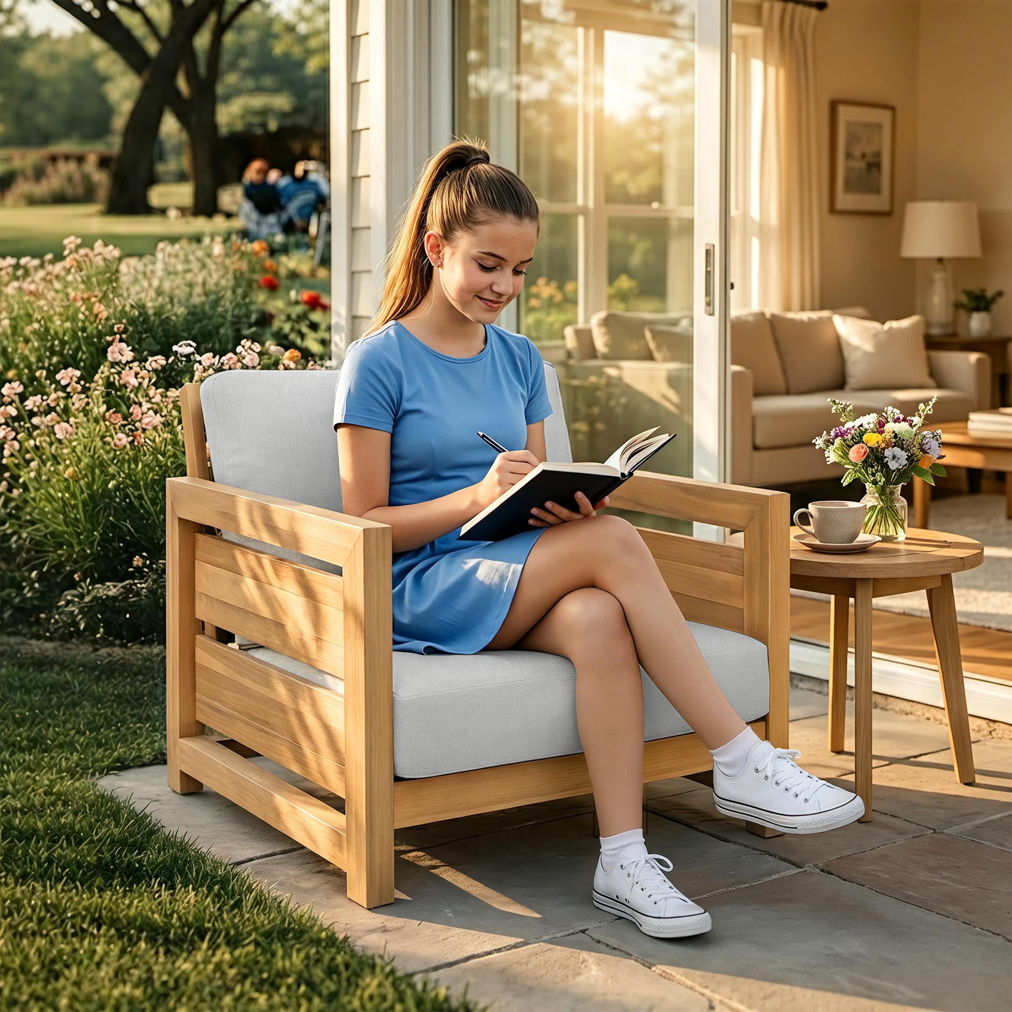 Patio Chair, Outdoor Furniture with Acacia Wood Frame, Olefin Fabric, and Removable Cushions for Backyard, Deck, Indoor OF124