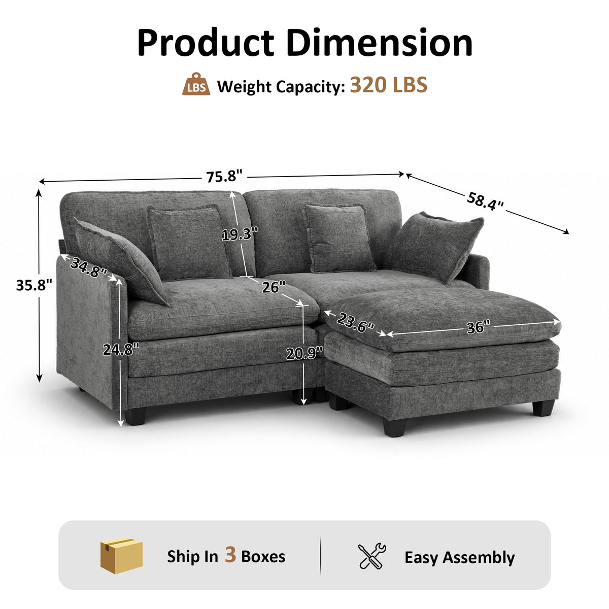 Loveseat Sofa Couch with Chaise Ottoman, L-Shaped Modular Sectional Sofa, SF068