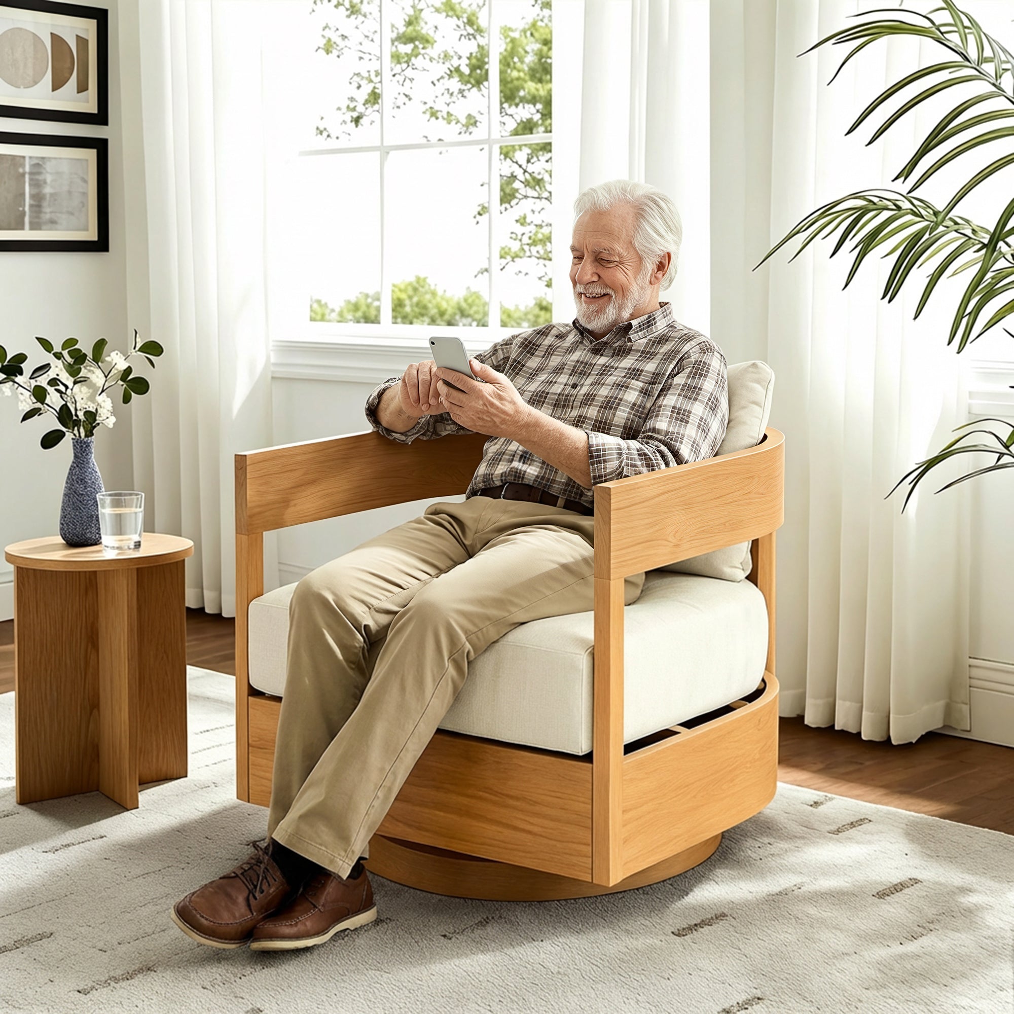 360° Swivel Patio Chair, Outdoor Rotating Armchair with 7.9" Thickened Cushions, Solid Acacia Wood Frame for Backyard, Deck, Indoor OF139