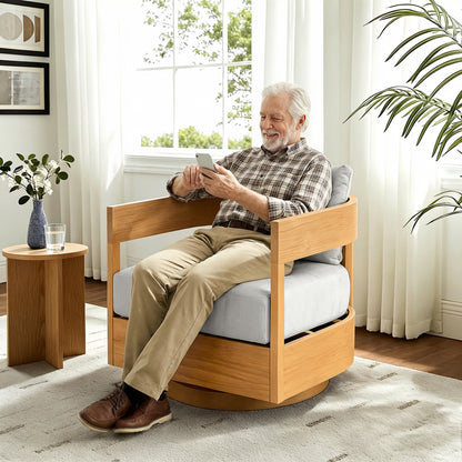 360° Swivel Patio Chair, Outdoor Rotating Armchair with 7.9" Thickened Cushions, Solid Acacia Wood Frame for Backyard, Deck, Indoor OF139