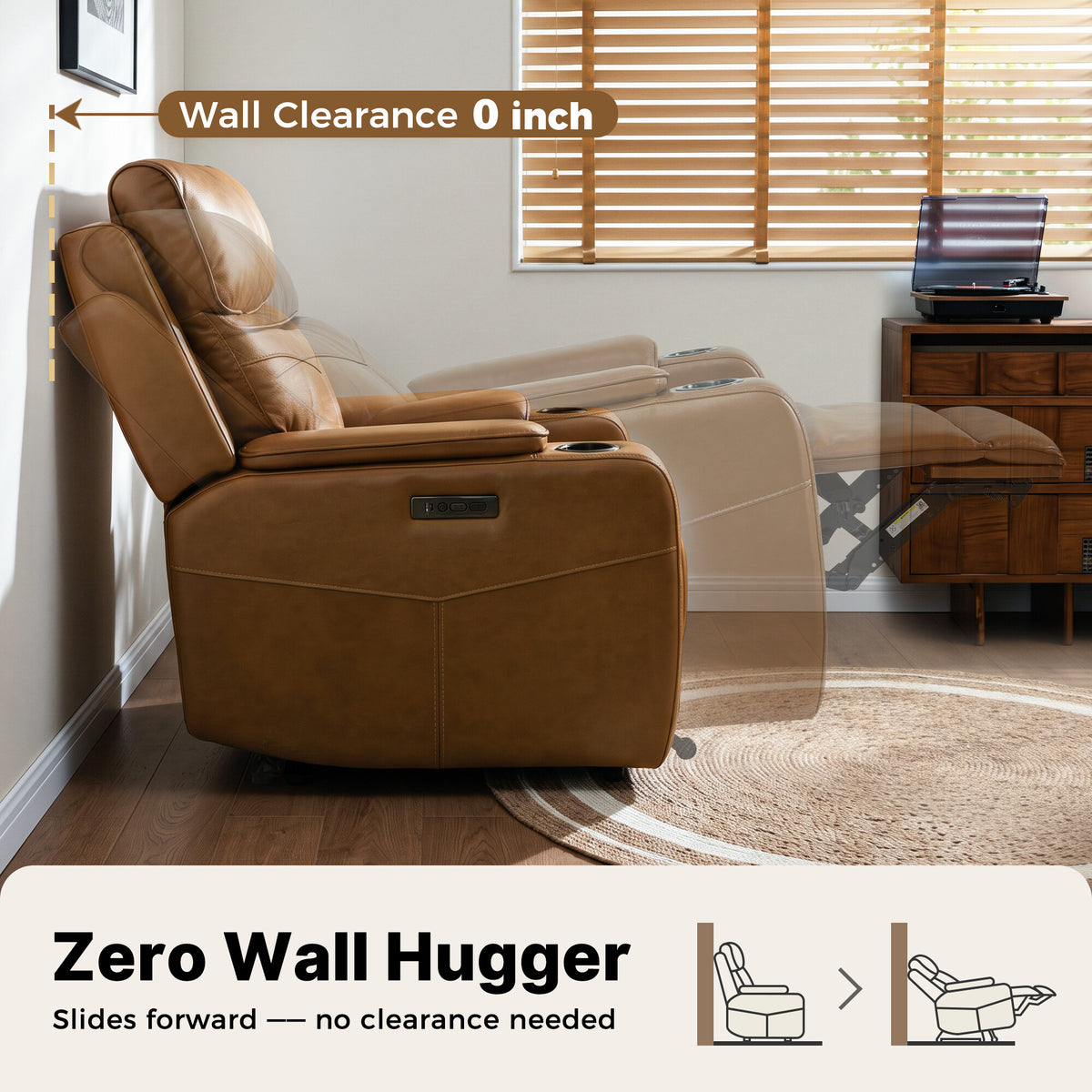 Genuine Leather Zero-Wall Power Recliner with Adjustable Headrest, Cup Holders GL58