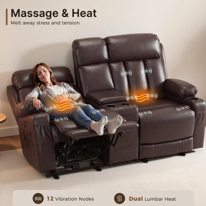 Power Reclining Loveseat with Console, Heat and Massage, Faux leather 6095