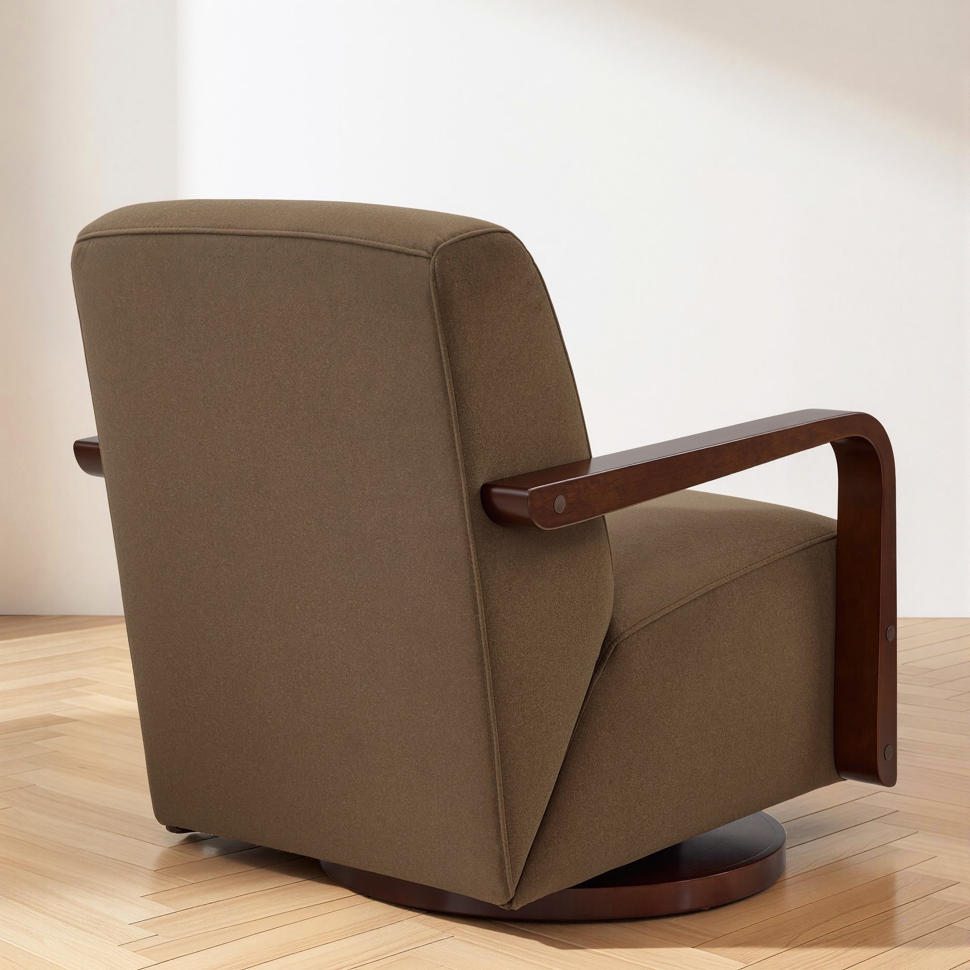 Swivel Glider Accent Chair, Wood Arm, Pet-Friendly Fabric, Classic Style for Living Room & Bedroom