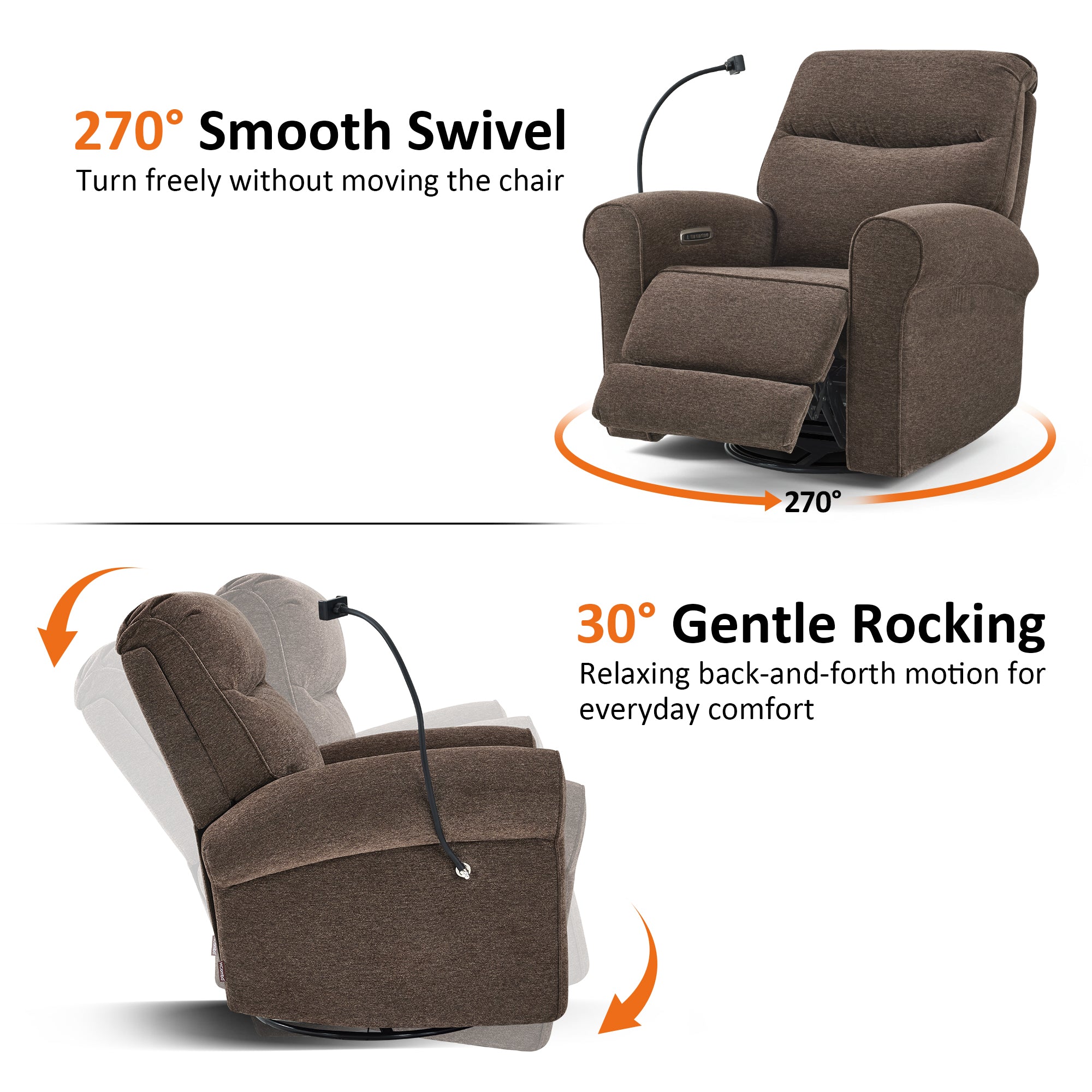 Triple Motor Power Swivel Rocker Recliner with Adjustable Headrest & Extended Footrest, Fabric PR638