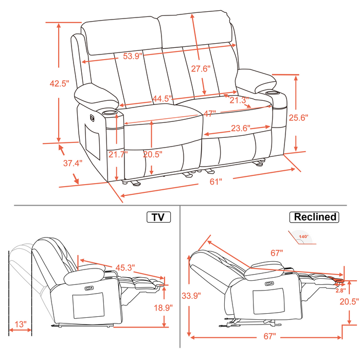 Mcombo Leather Power Loveseat Recliner, Electric Reclining Loveseat Sofa with Heat and Massage, Cup Holders, USB Charge Port for Living Room 6075/ 6095(with Console)