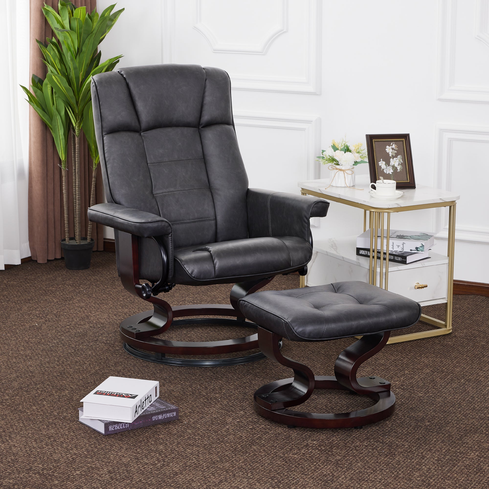 Swivel Recliner with Ottoman, Faux Leather 9019