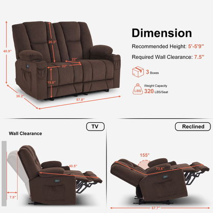 Power Reclining Loveseat with Heat and Massage, Fabric 6025