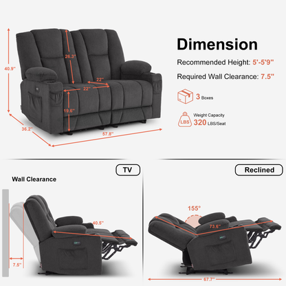 Power Reclining Loveseat with Heat and Massage, Fabric 6025