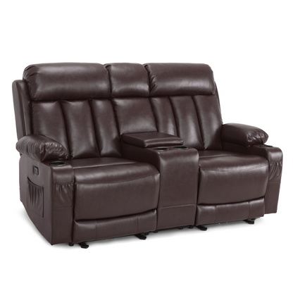 Power Reclining Loveseat with Console, Heat and Massage, Faux leather 6095