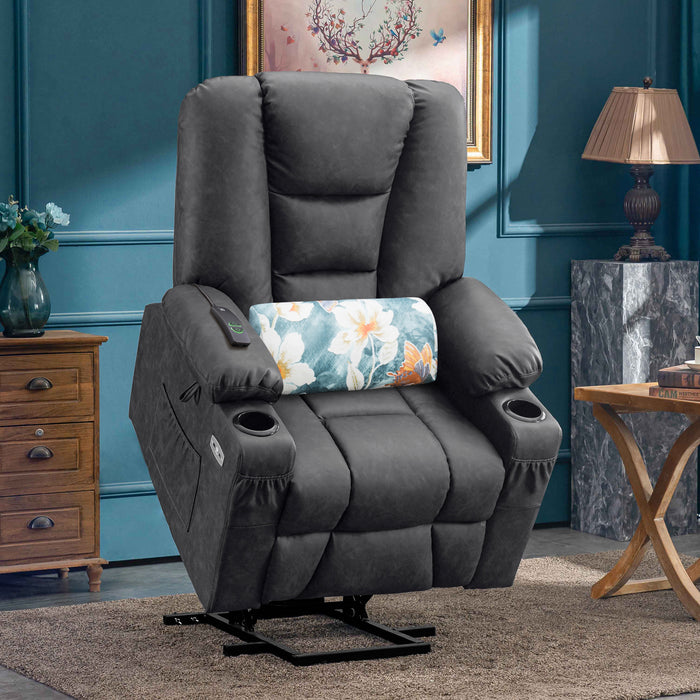 Mcombo Power Lift Recliner Chair with Massage and Heat for Elderly, Extended Footrest, 3 Positions, Lumbar Pillow, Cup Holders, USB Ports, Faux Leather Medium(#7519)