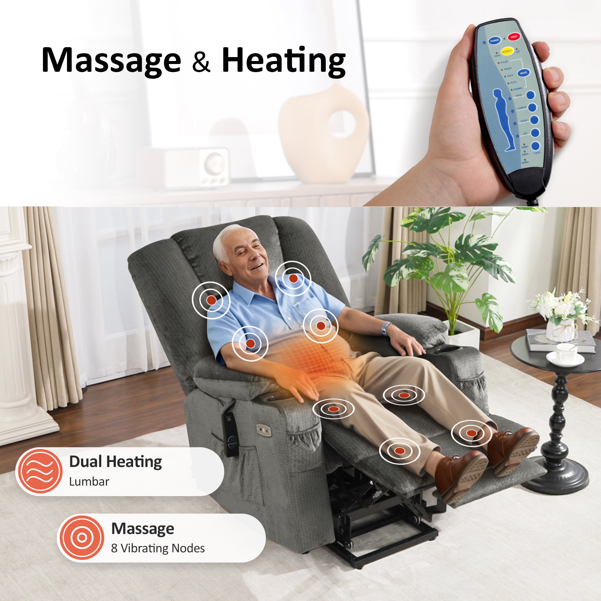 Power Lift Recliner Chair, Massage and Heat, Fabric 7549|R7541|R7561