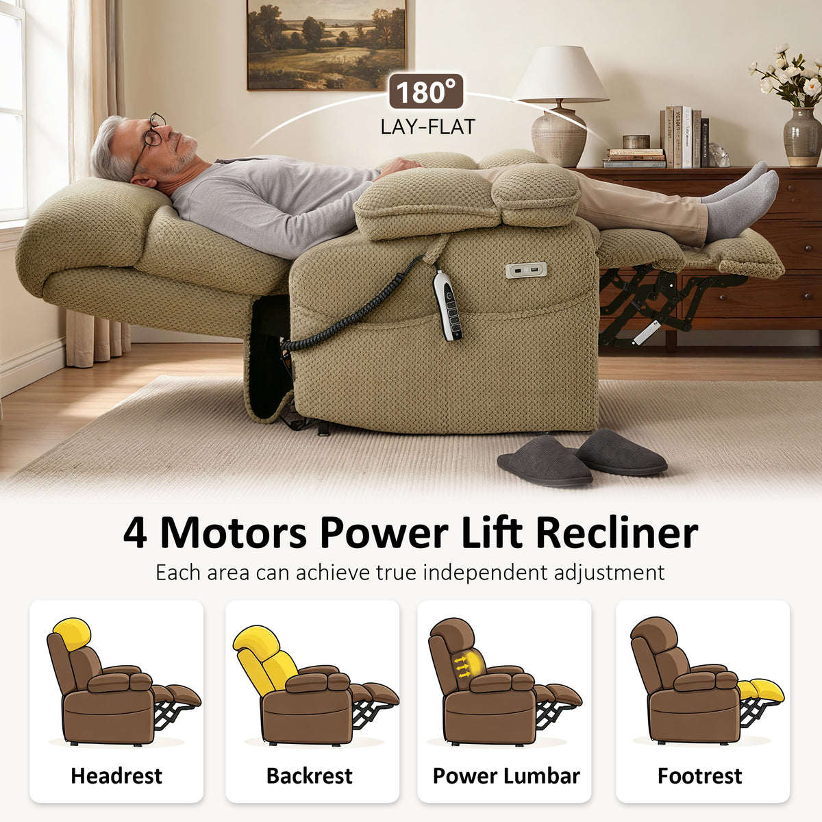 4-Motors Power Lift Recliner, Power Lumbar & Headrest, Massage & Dual Heating, Fabric 7700