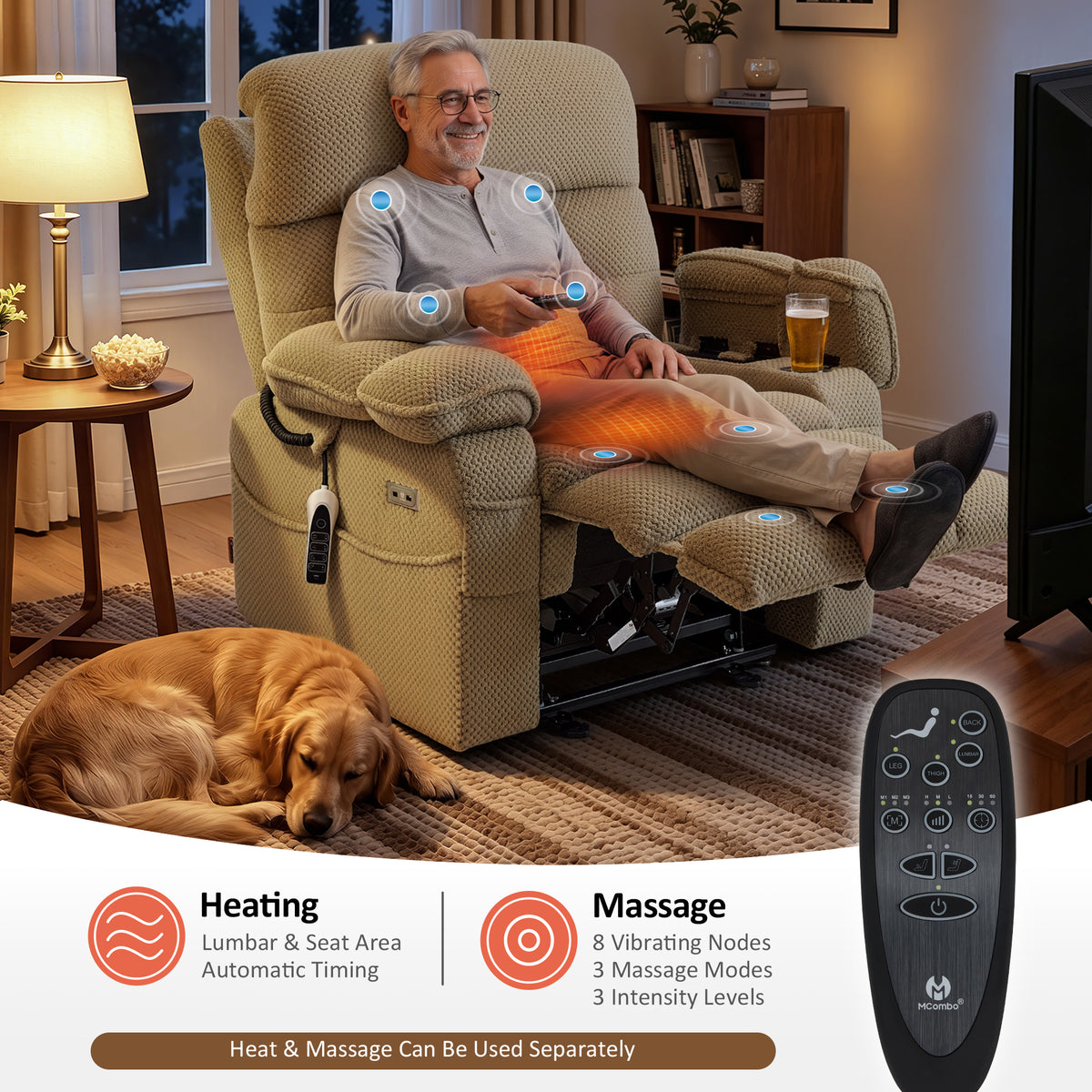 4-Motors Power Lift Recliner, Power Lumbar & Headrest, Massage & Dual Heating, Fabric 7700