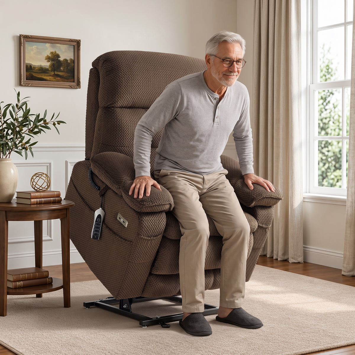 4-Motors Power Lift Recliner, Power Lumbar & Headrest, Massage & Dual Heating, Fabric 7700