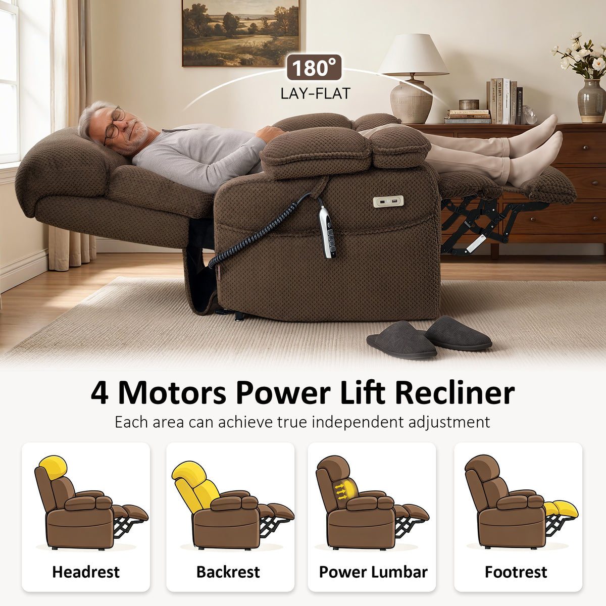 4-Motors Power Lift Recliner, Power Lumbar & Headrest, Massage & Dual Heating, Fabric 7700