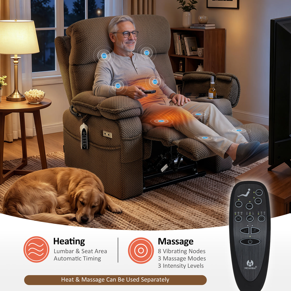 4-Motors Power Lift Recliner, Power Lumbar & Headrest, Massage & Dual Heating, Fabric 7700