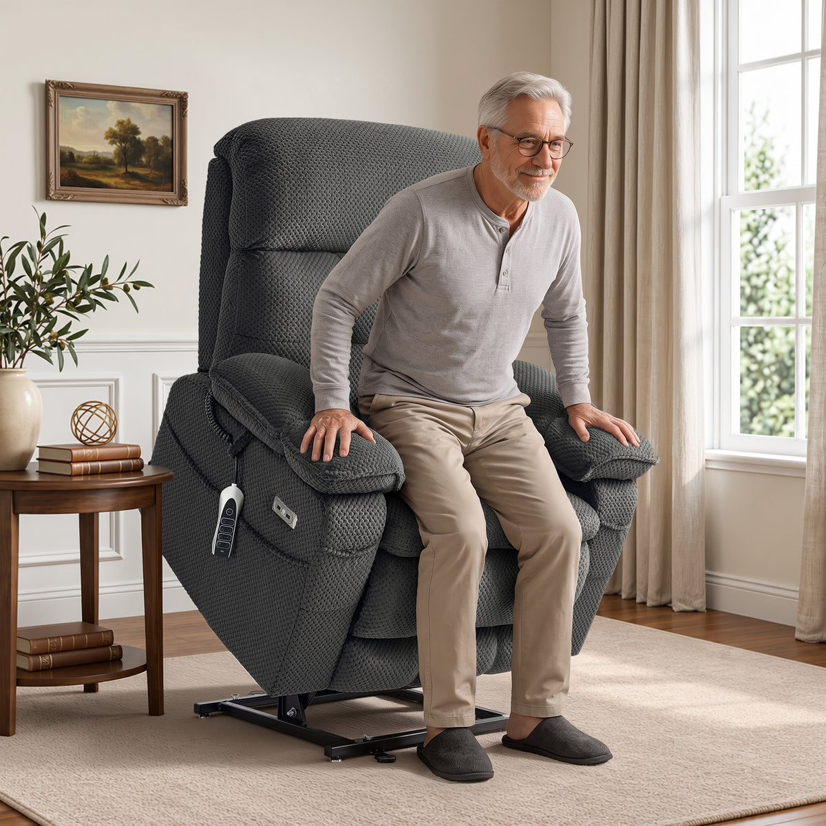 4-Motors Power Lift Recliner, Power Lumbar & Headrest, Massage & Dual Heating, Fabric 7700