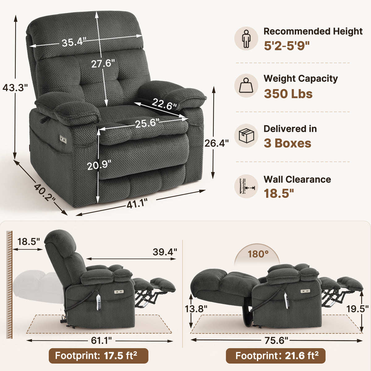 4-Motors Power Lift Recliner, Power Lumbar & Headrest, Massage & Dual Heating, Fabric 7700