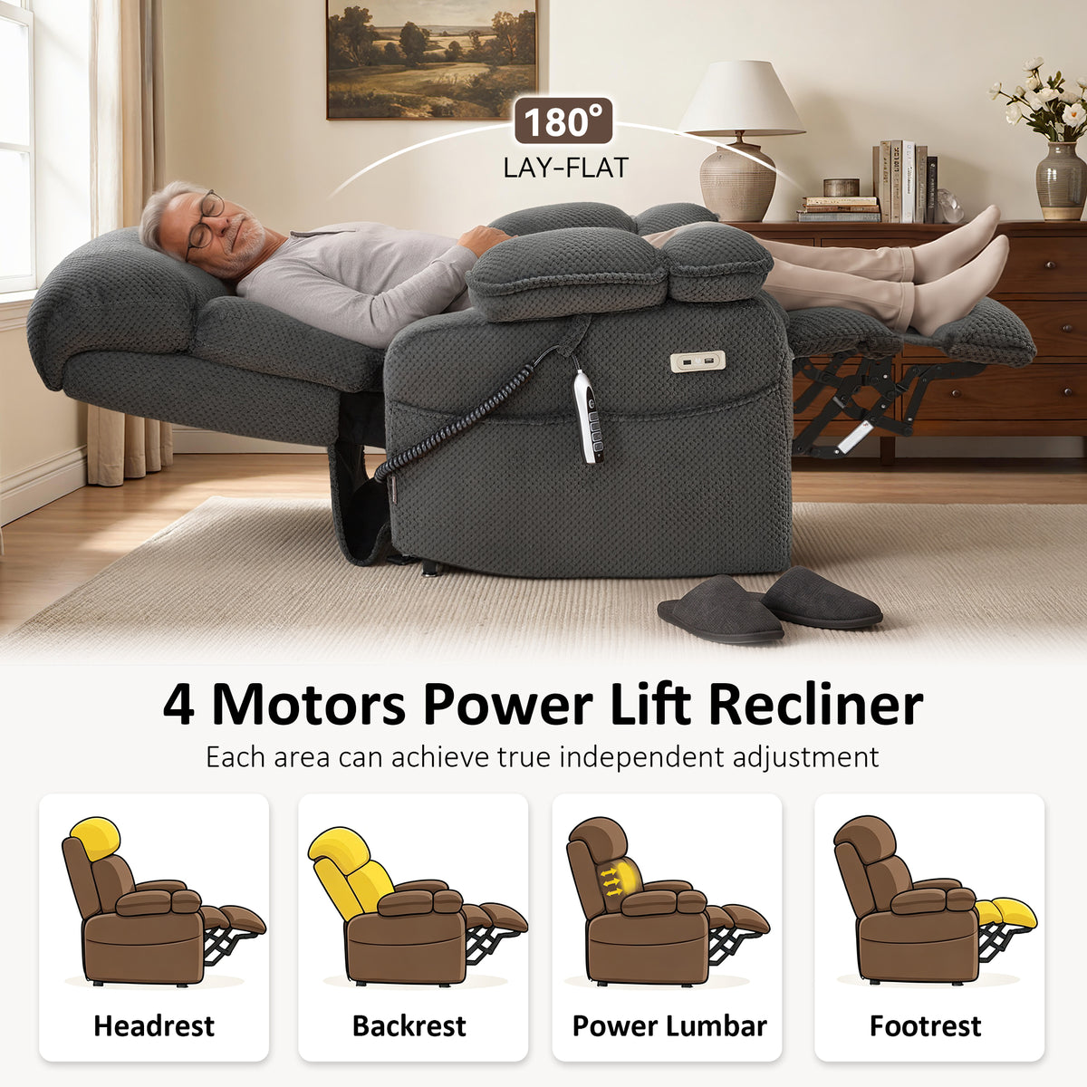 4-Motors Power Lift Recliner, Power Lumbar & Headrest, Massage & Dual Heating, Fabric 7700