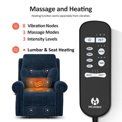 Power Lift Recliner Chair for Elderly, Dual Motor, Massage and Heat, Fabric 7888