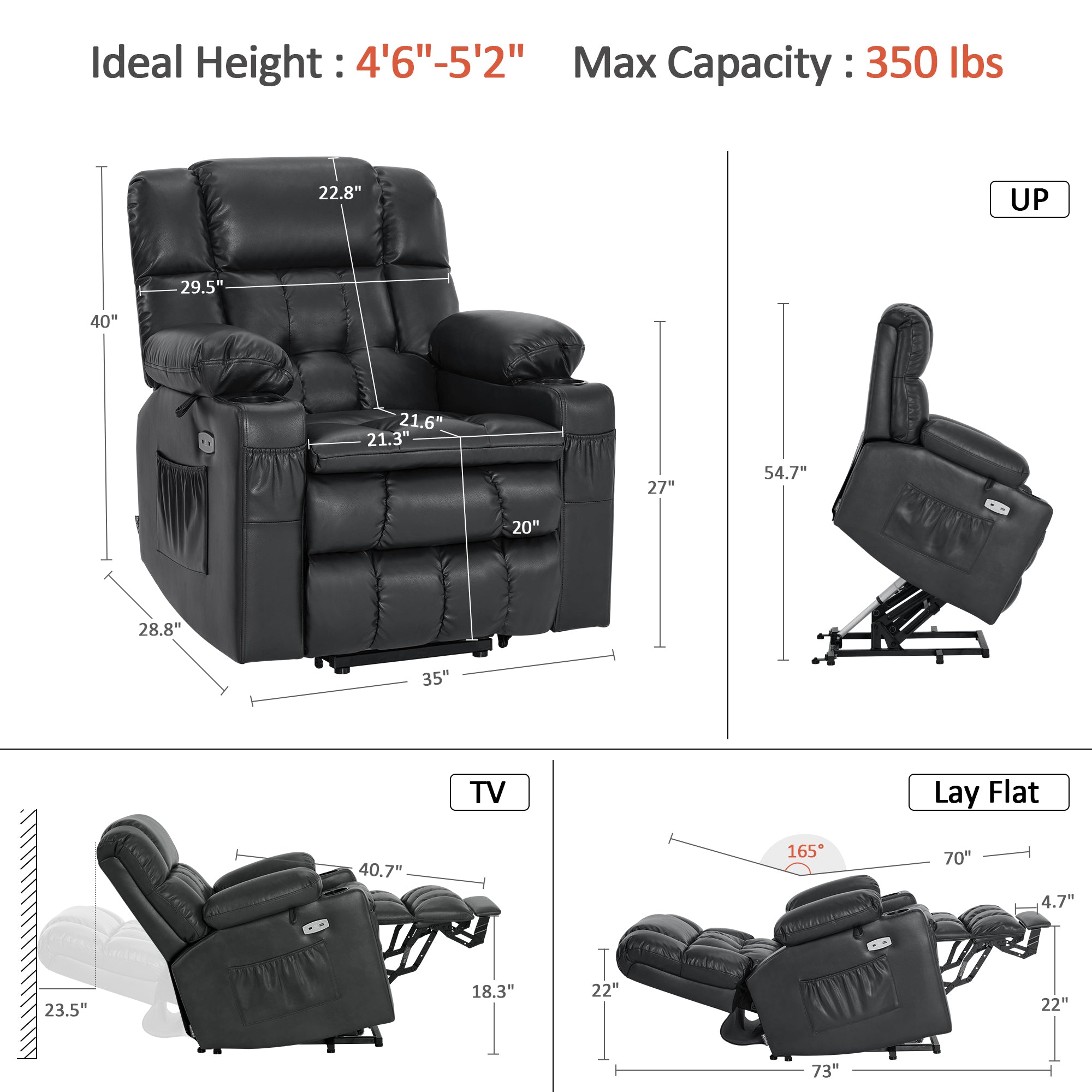 Dual Motor Power Lift Recliner Chair, Massage and Heat, Lay Flat for Sleeping, Faux Leather 7890|7893|7896|R7891|R7897|R7894