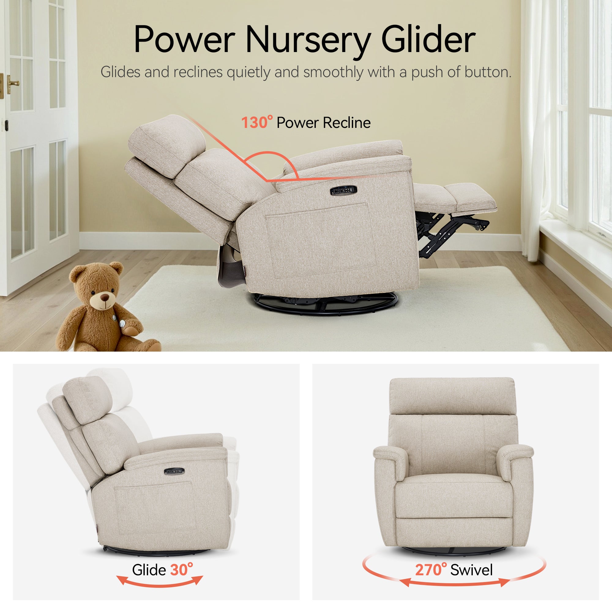 Power Swivel Glider Recliner Nursery Chair, Fabric PR601