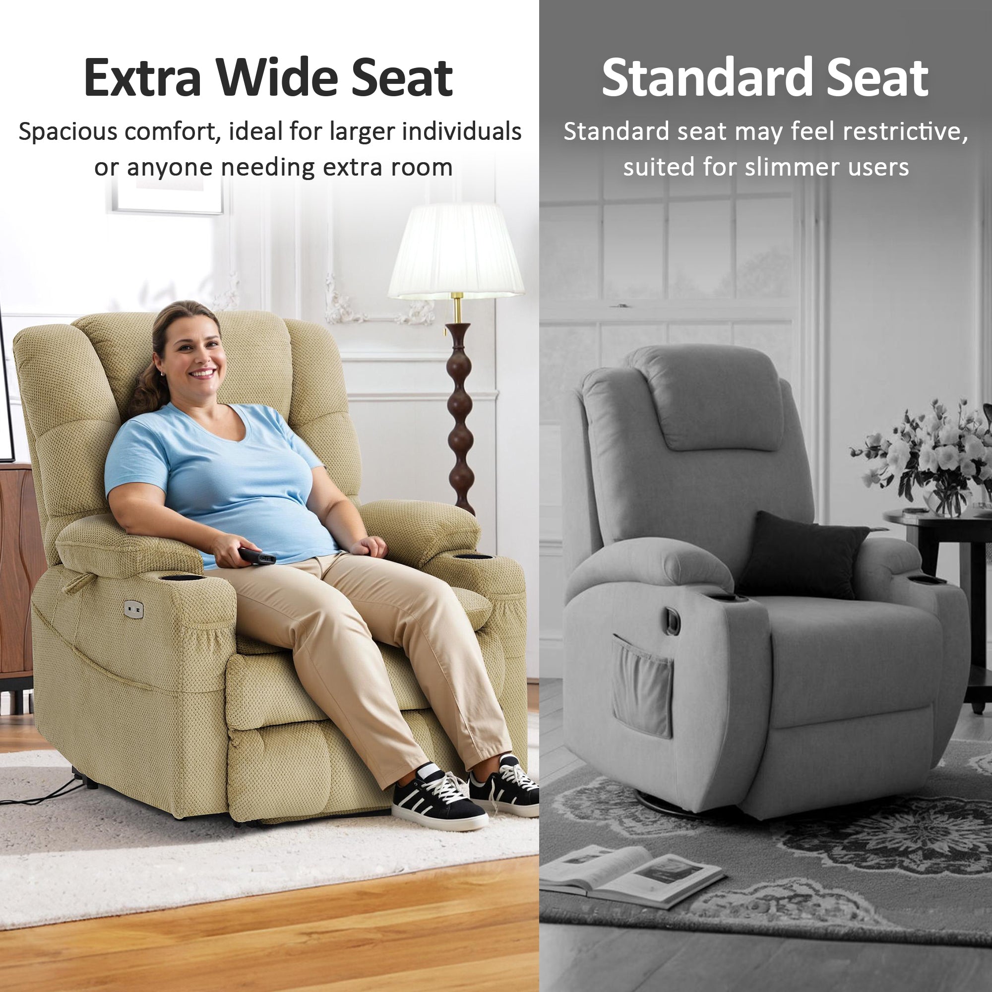 Power Lift Recliner Chair, Triple Motor, Massage and Heat, Fabric 7634|7631|7632|R7635