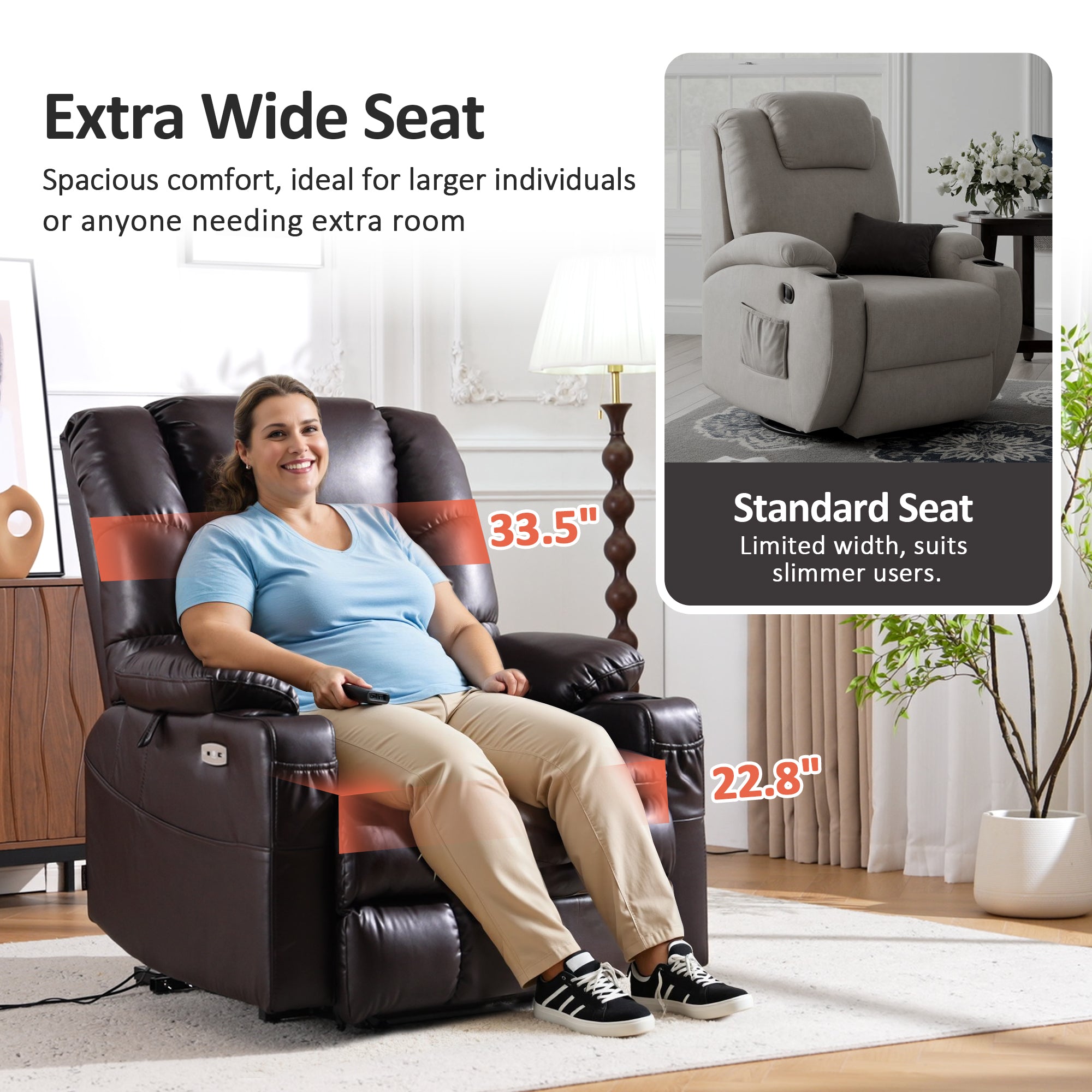 Power Lift Recliner Chair for Elderly,Triple Motor, Massage and Heat, Faux Leather 7632|7634|R7635