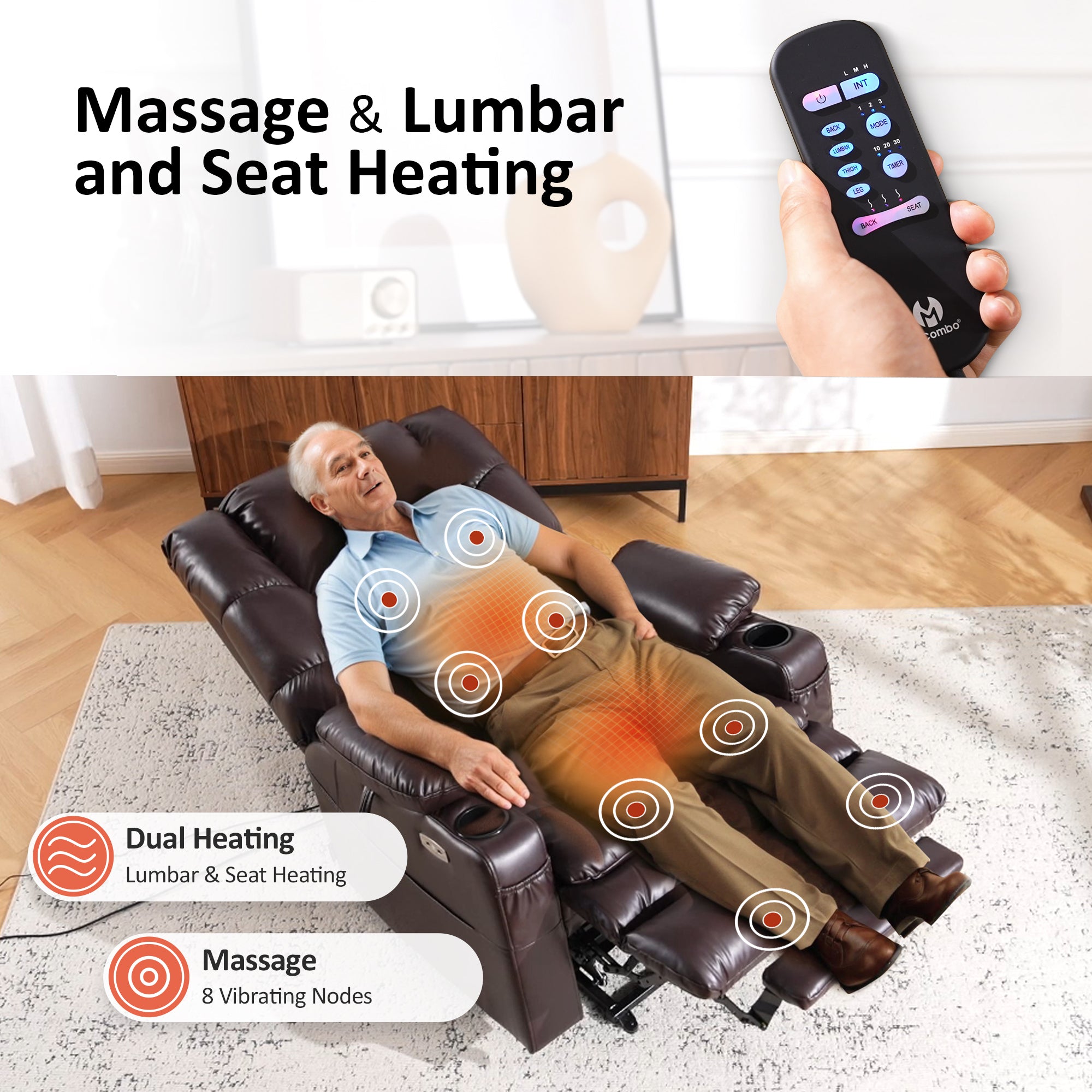 Power Lift Recliner Chair for Elderly,Triple Motor, Massage and Heat, Faux Leather 7632|7634|R7635