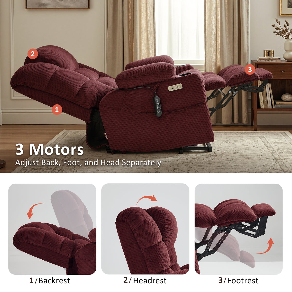 Power Lift Recliner Chair, Triple Motor, Massage and Heat, Fabric 7634|7631|7632|R7635