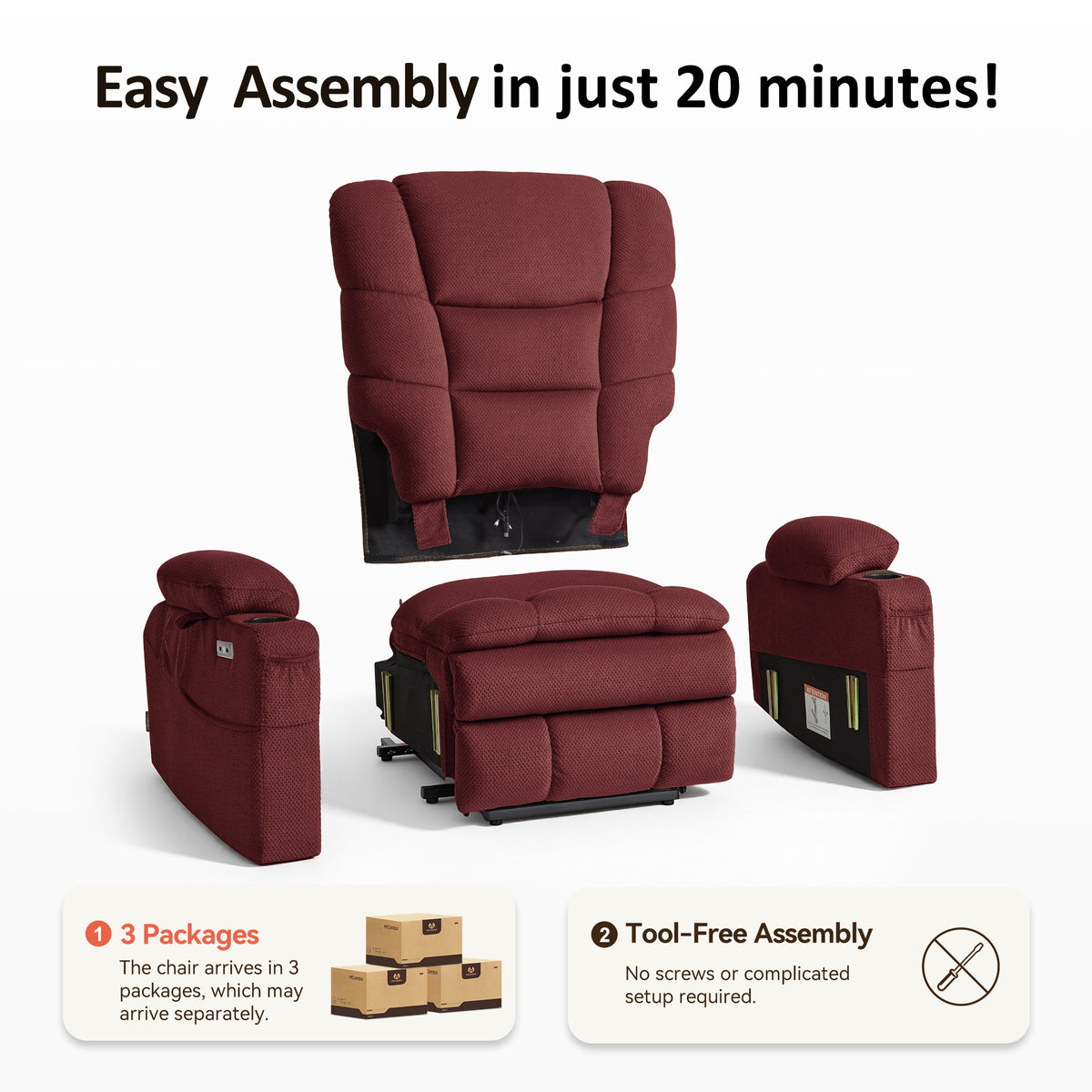 Power Lift Recliner Chair, Triple Motor, Massage and Heat, Fabric 7634|7631|7632|R7635
