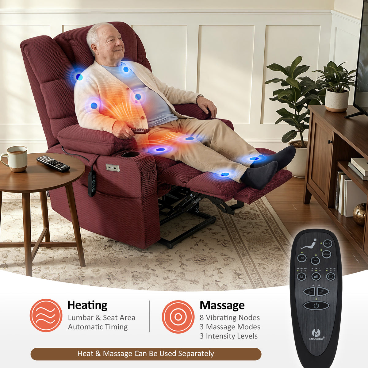 Power Lift Recliner Chair, Triple Motor, Massage and Heat, Fabric 7634|7631|7632|R7635